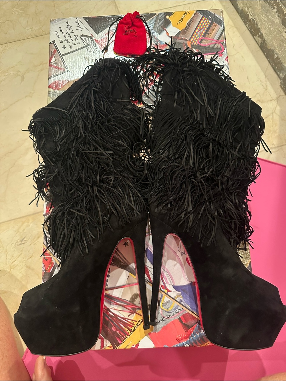 Christian Louboutin Forever Tina Highness black suede fringe Platform  Boots 39